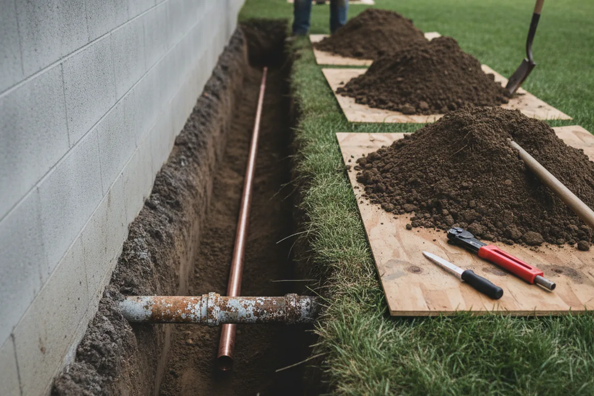 Excavated water line trench during Sewer Line Repair in Roann